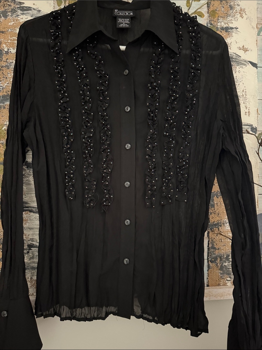 NY Collection Black Ruffled Beaded Button-Down Sheer Shirt